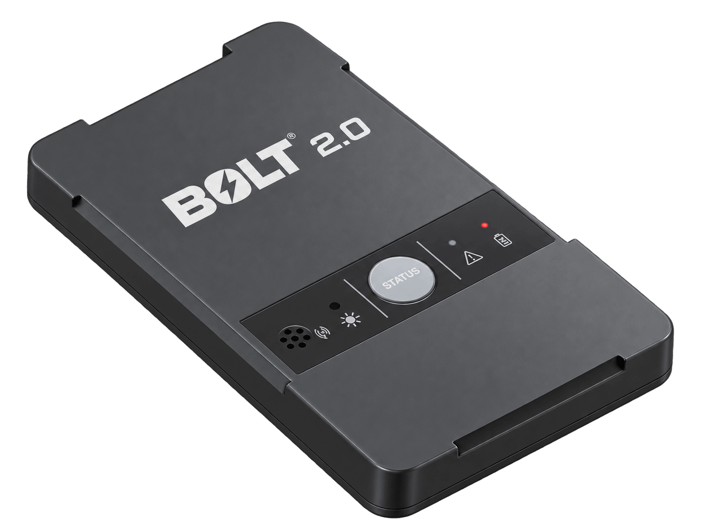 ELYON Bolt 2.0 goods tracker, a slim dark rechargeable unit with a status button and indicator lights