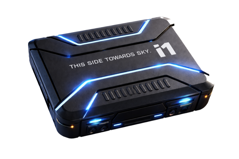 The ELYON i1 tracker, top face up, marked This side towards sky